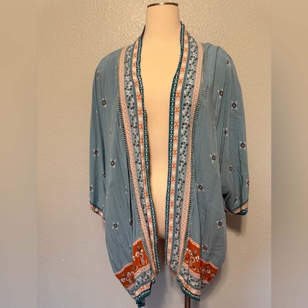 Matilda Jane Light Blue Embroidered Kimono Tunic with Orange Accents